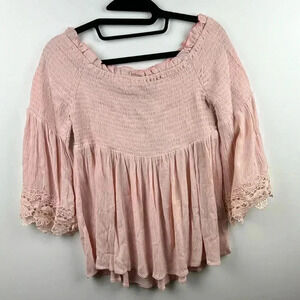 TOXIKA SZ M PINK SMOCKED TOP BELL SLEEVES WITH LACE TRIM OFF THE SHOULDER PRETTY